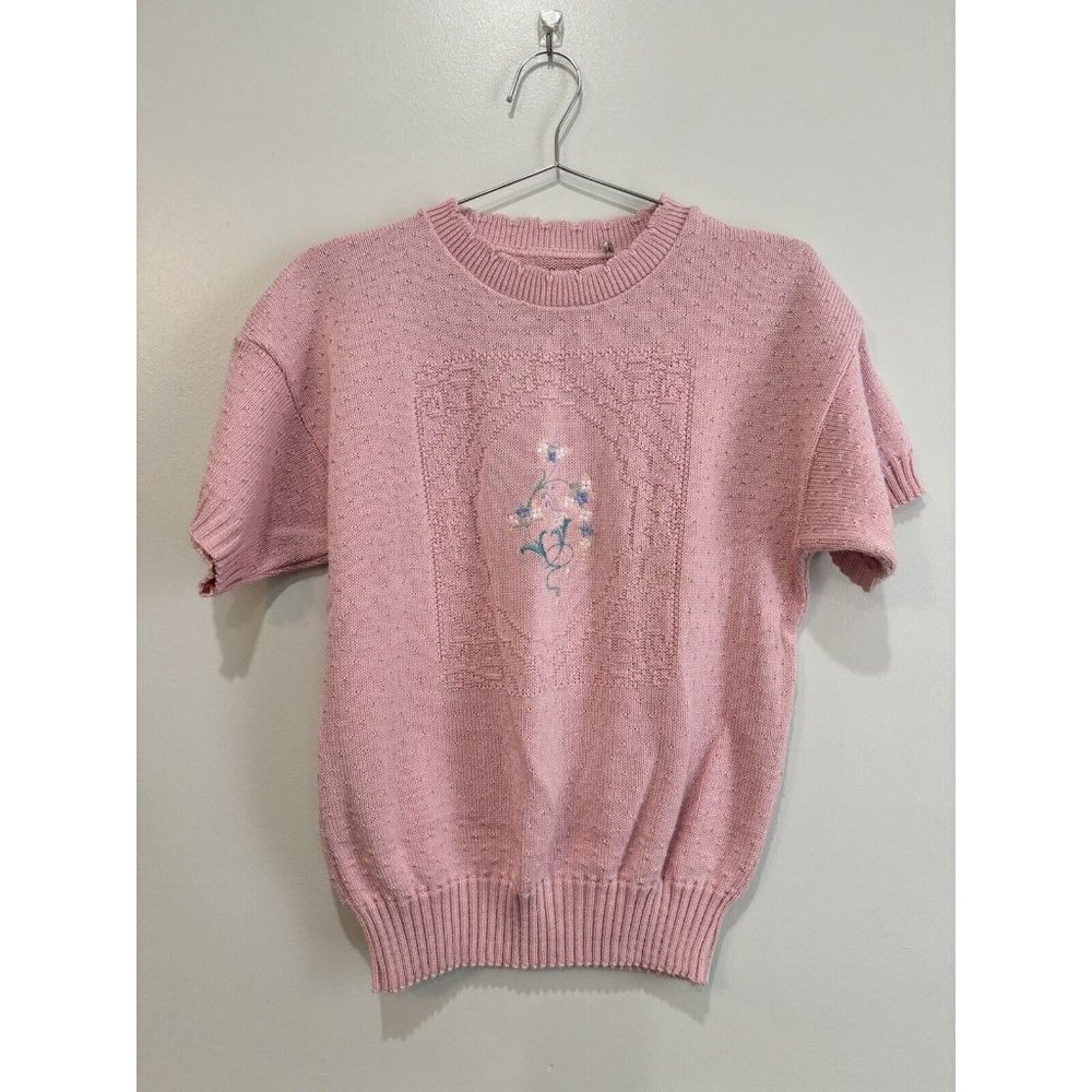 Vintage Pink  Short Sleeve Floral Embroidery Summer Sweater Medium Cottage Core